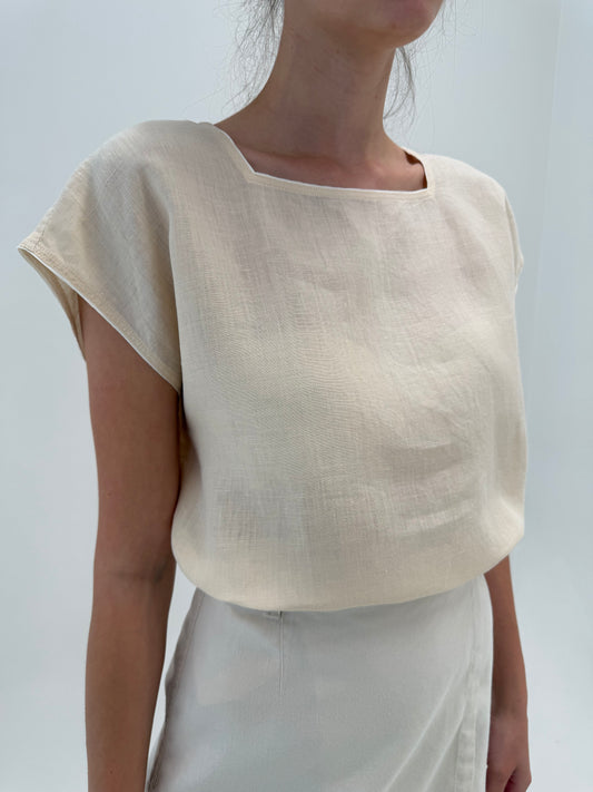Top Max Mara vintage light nude în croi lejer din in moale excepțional