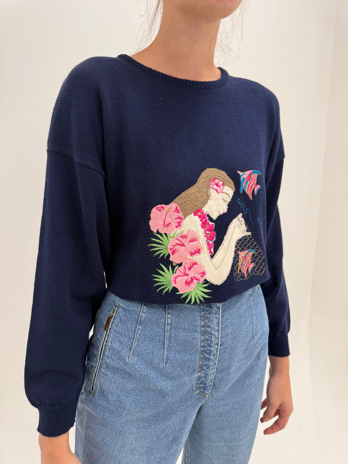 Pulover vintage petite din bumbac greu excepțional cu broderie