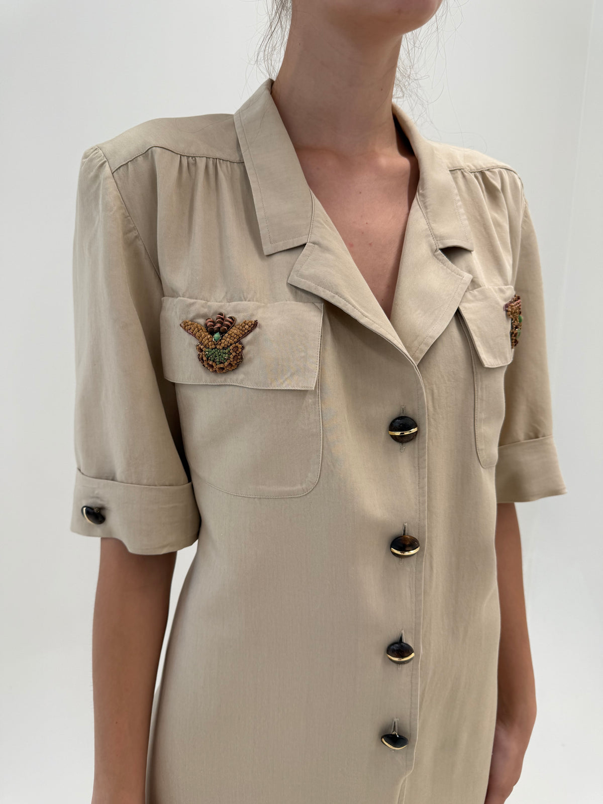 Rochie vintage de designer italian Safari din pânză de in cu aplicații manuale