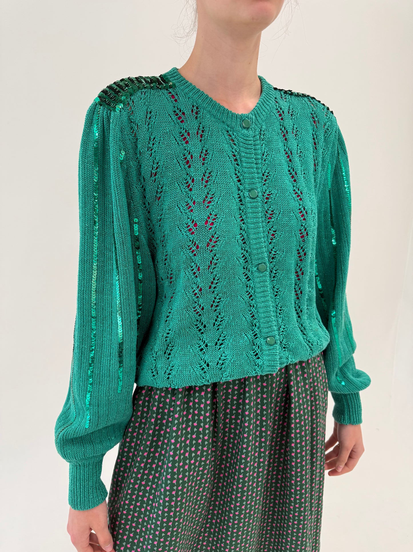Cardigan vintage verde smarald din jerse excepțional de bumbac de vară
