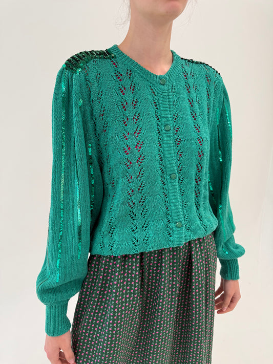 Cardigan vintage verde smarald din jerse excepțional de bumbac de vară