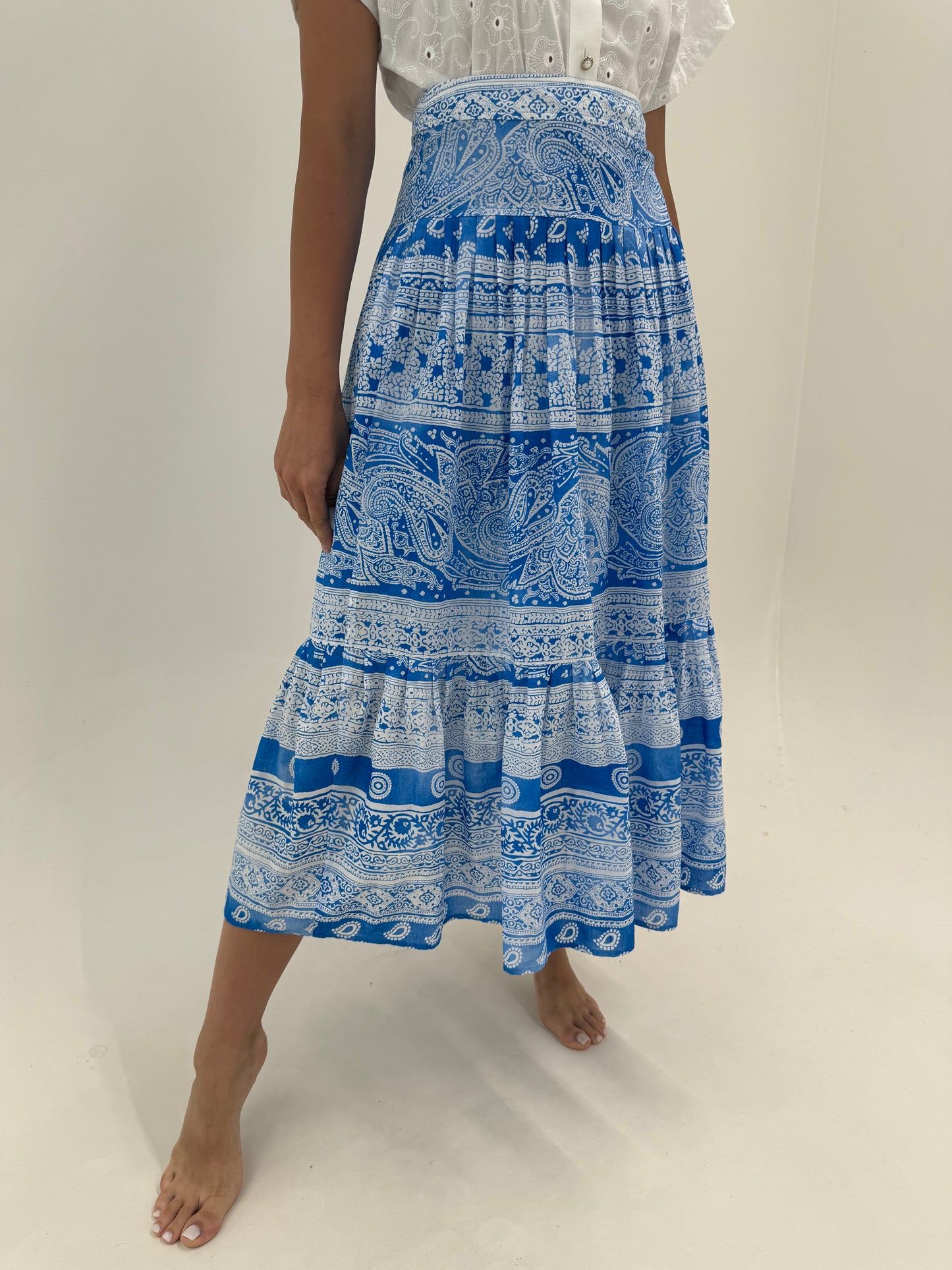 Fusta maxi din panzica fină de bumbac cu print paisley superb albastru regal