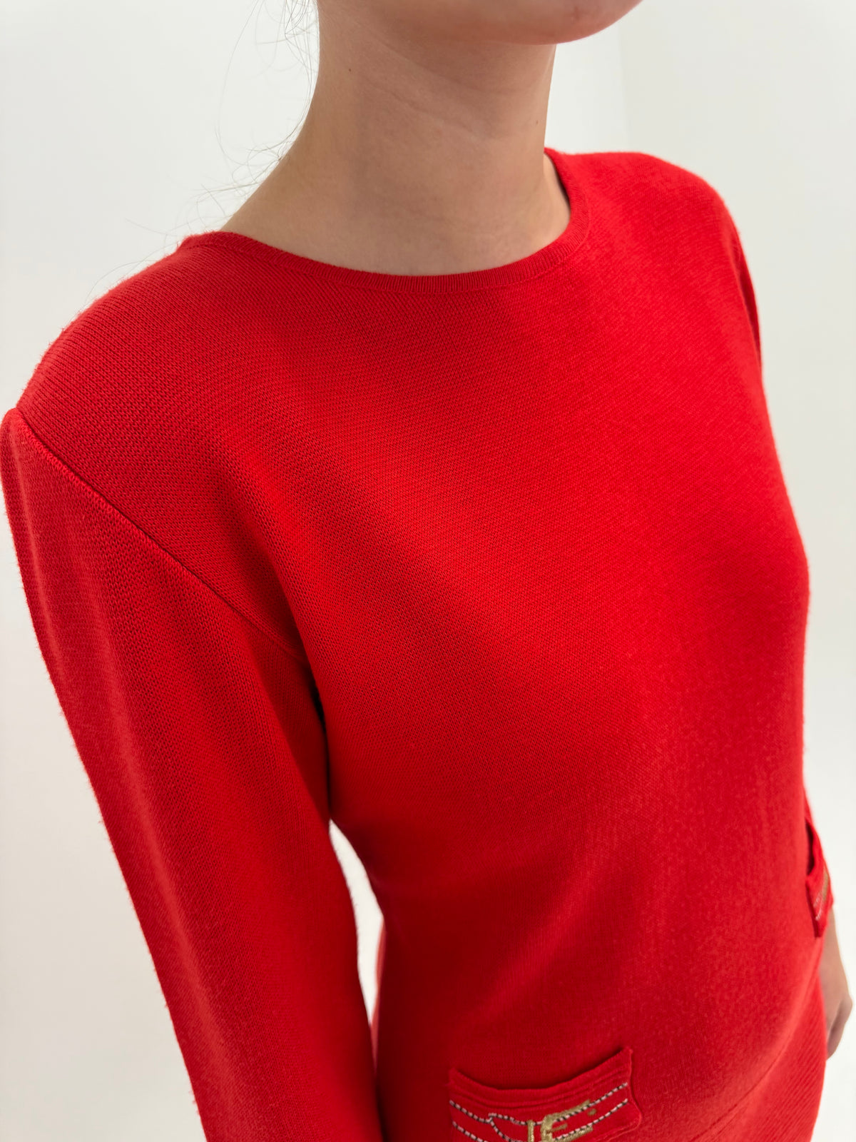 Rochie vintage cherry red din tricot excepțional de lana cu cașmir
