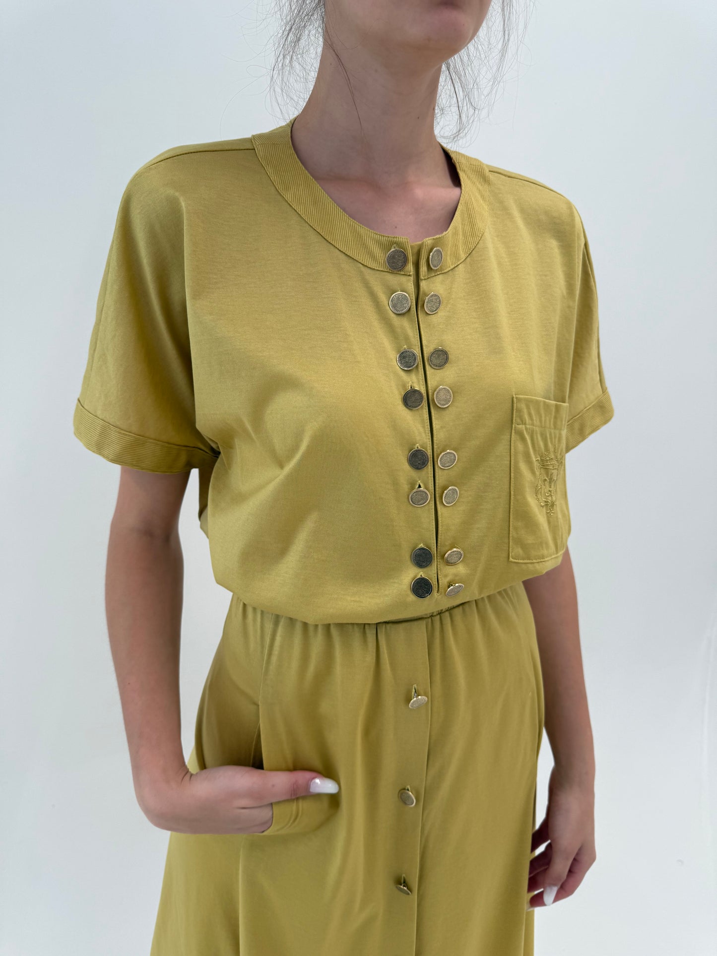 Set vintage dusty mustard green din bumbac excepțional cu nasturi metalici aurii