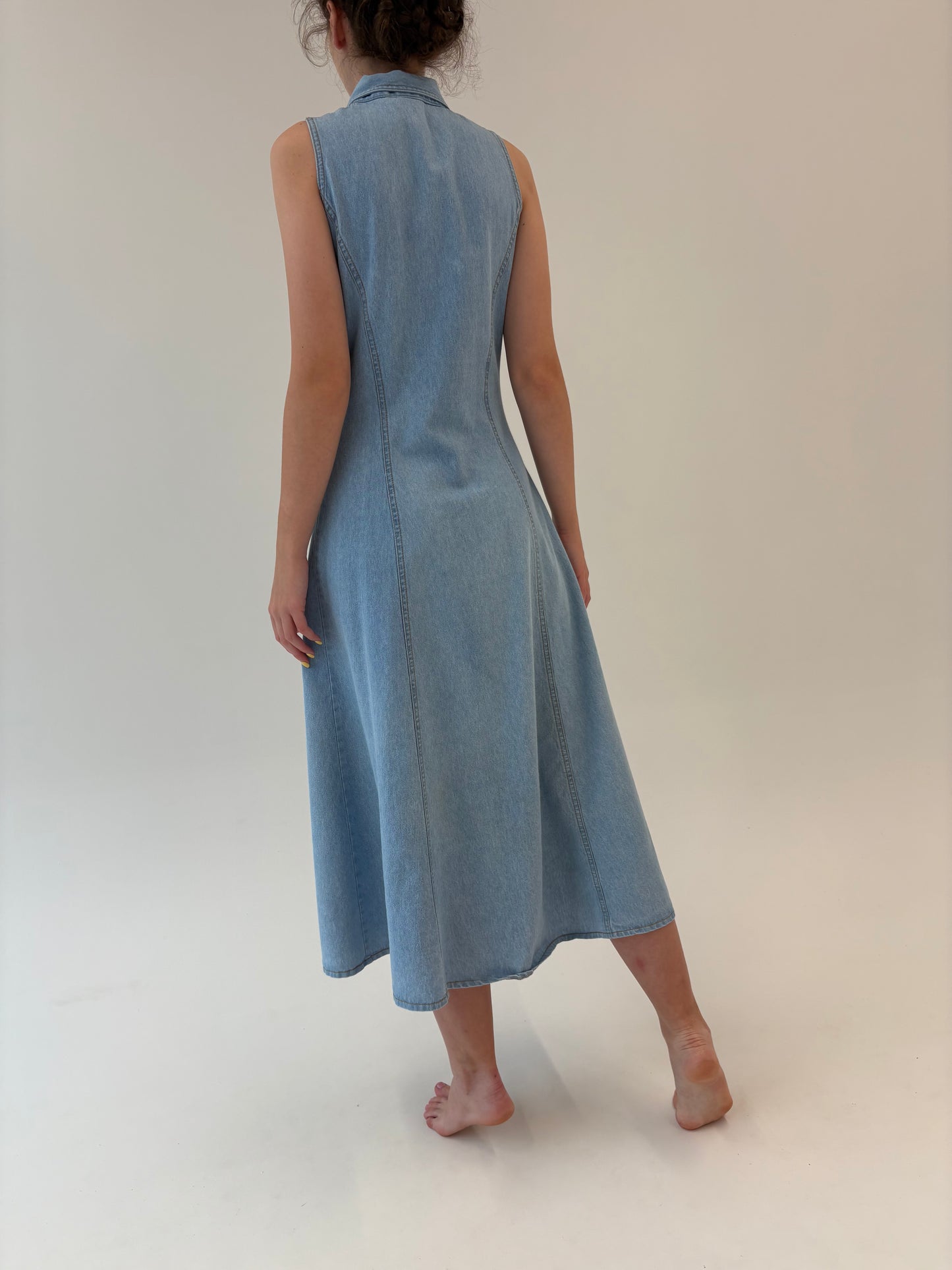 Rochie vintage maxi din jeans moale in croi cambrat light wash
