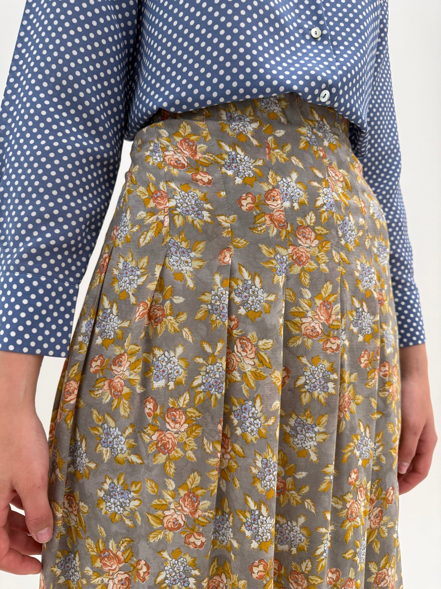 Fustă vintage maxi Sage green cu print delicat și talie elastică ultra înaltă