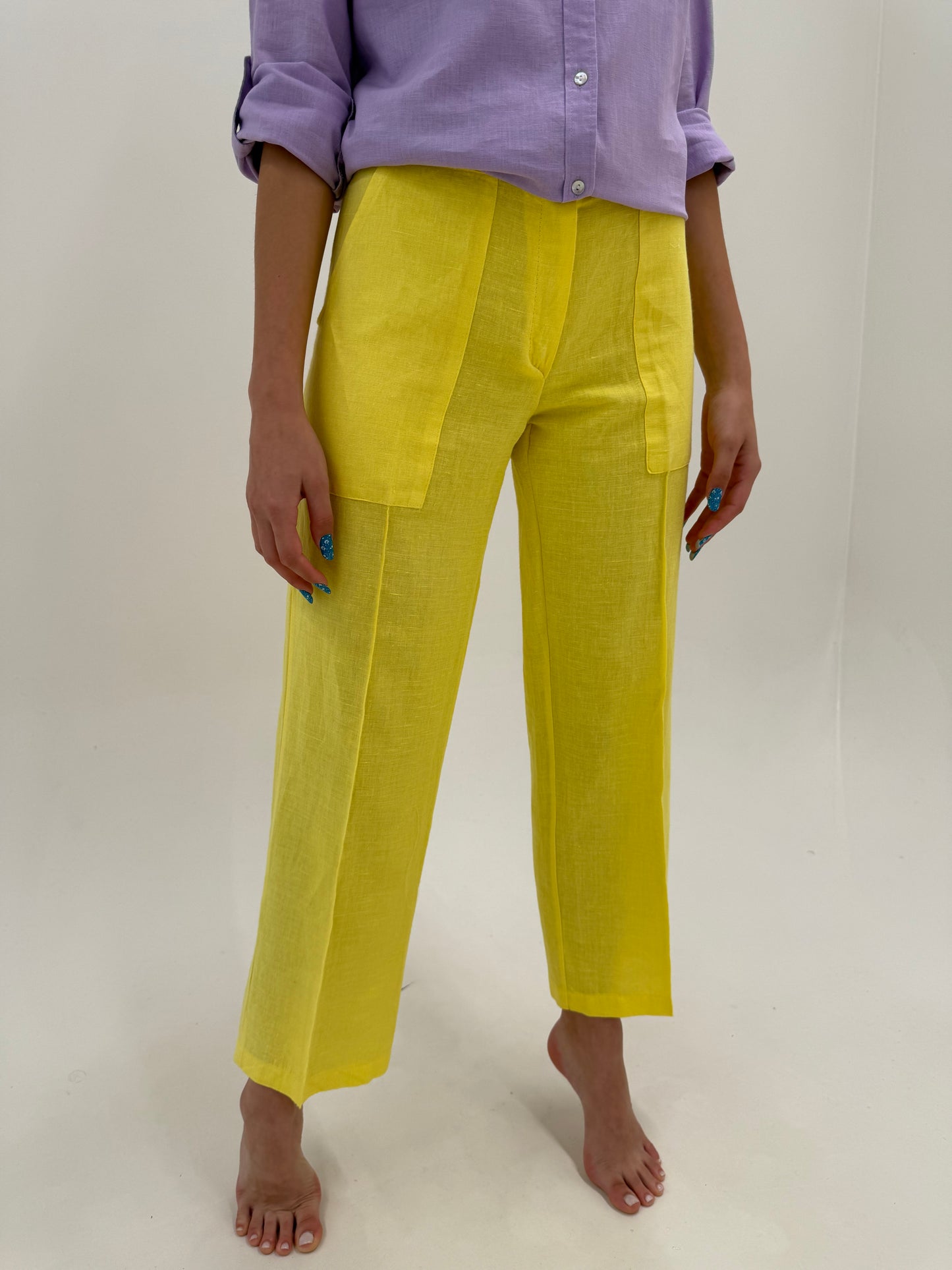 Pantaloni din in premium lemon green in croi clasic