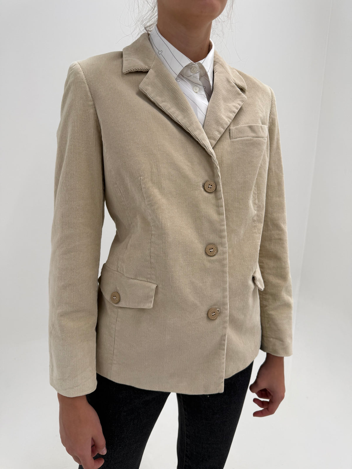 Sacou de brand luxury Marina Rinaldi din catifea light camel raiata de bumbac plin