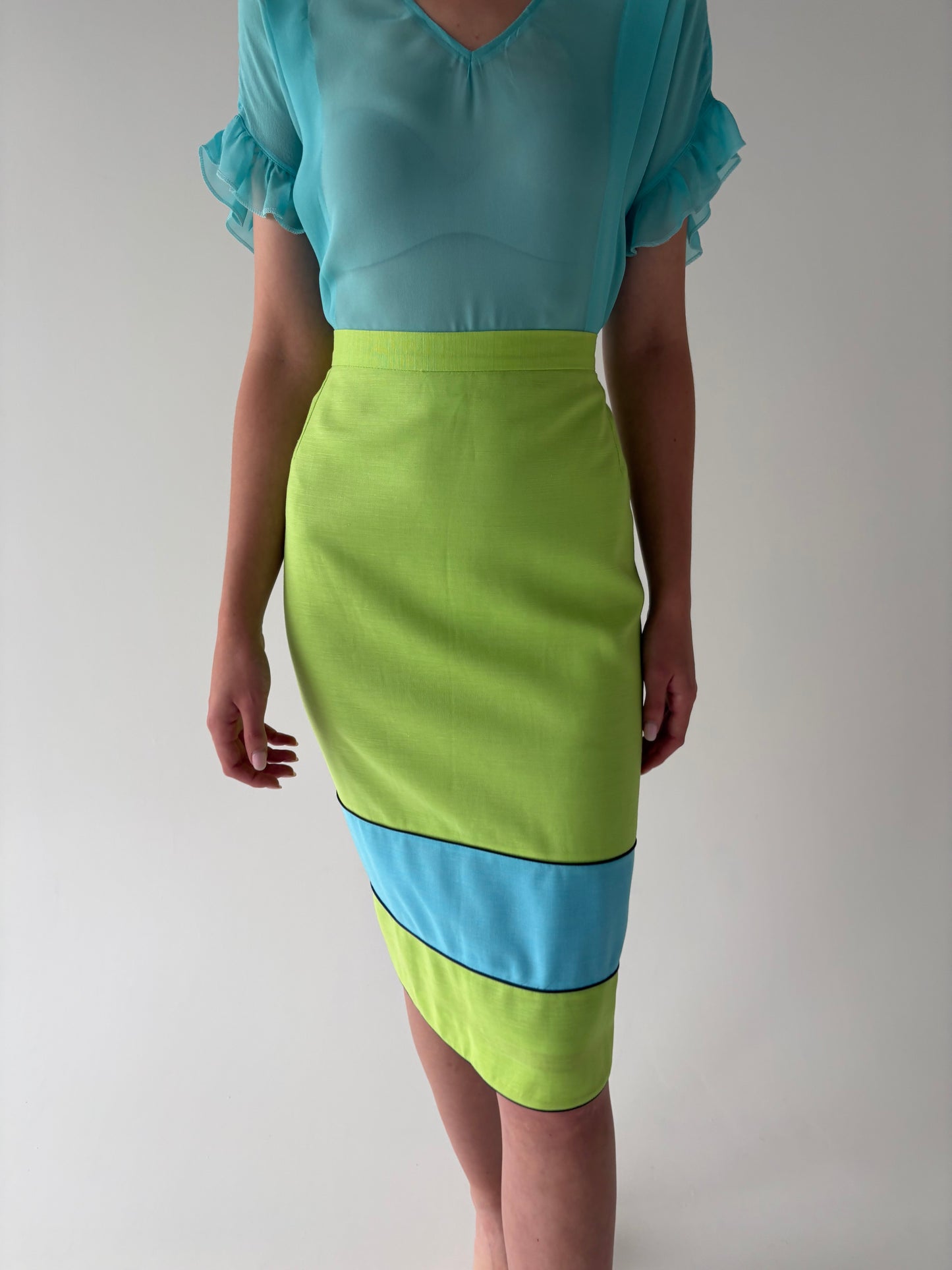 Fustă conică cu talie ultra înaltă colorblock din pânză