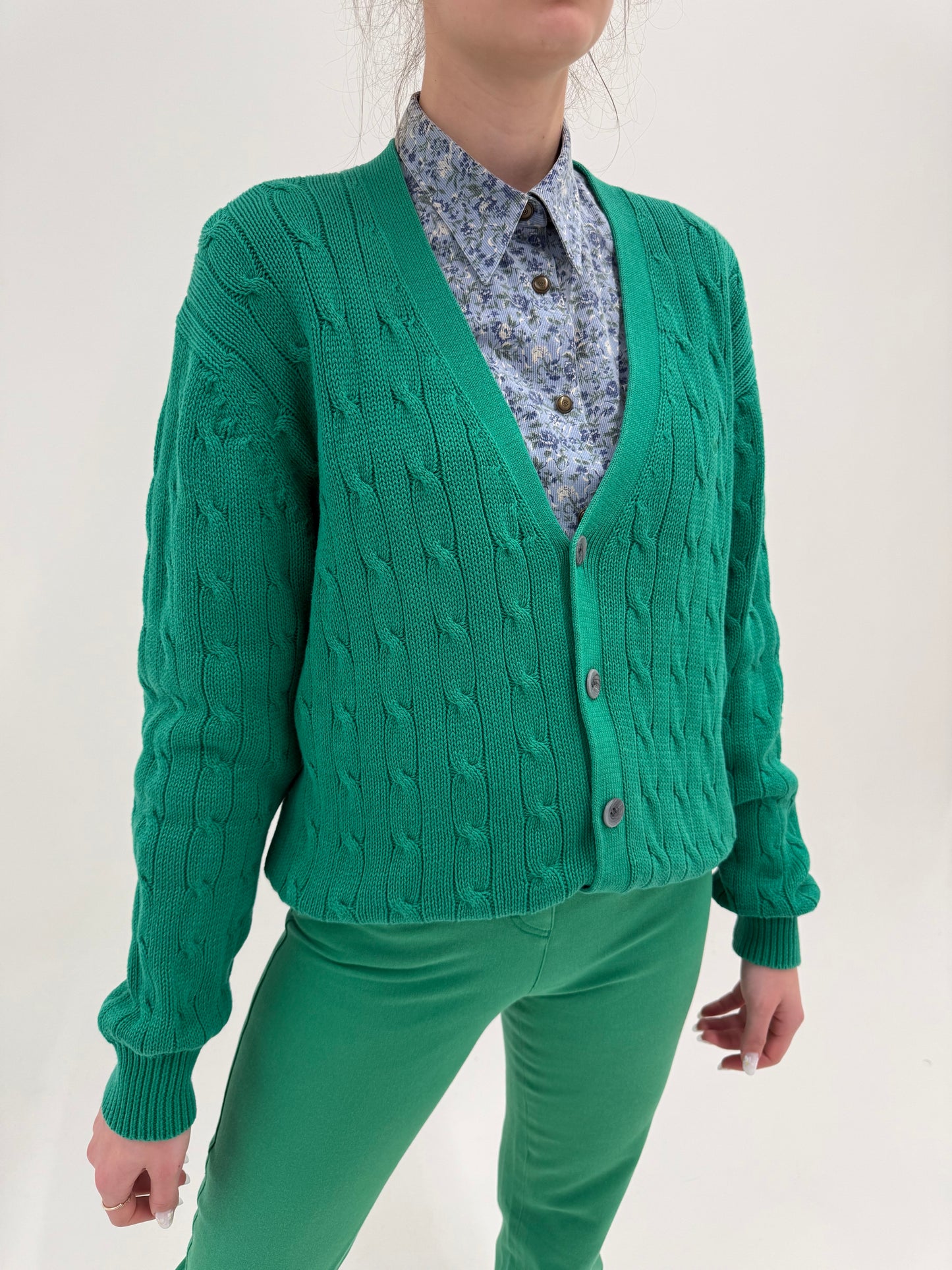 Cardigan vintage Armani din bumbac verde smarald cu torsade
