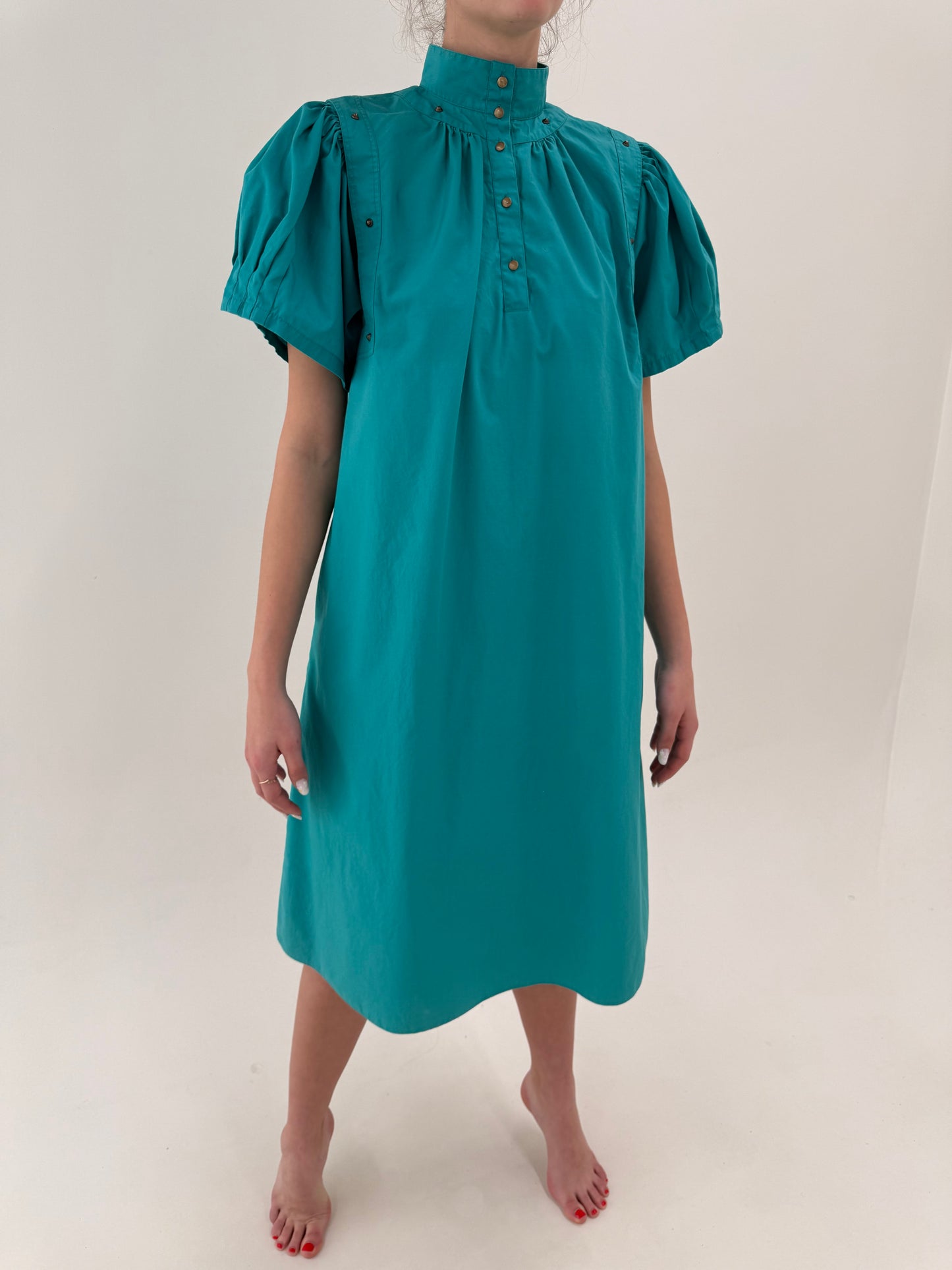 Rochie vintage în croi ultra chic retro modern turcoaz din poplin de bumbac
