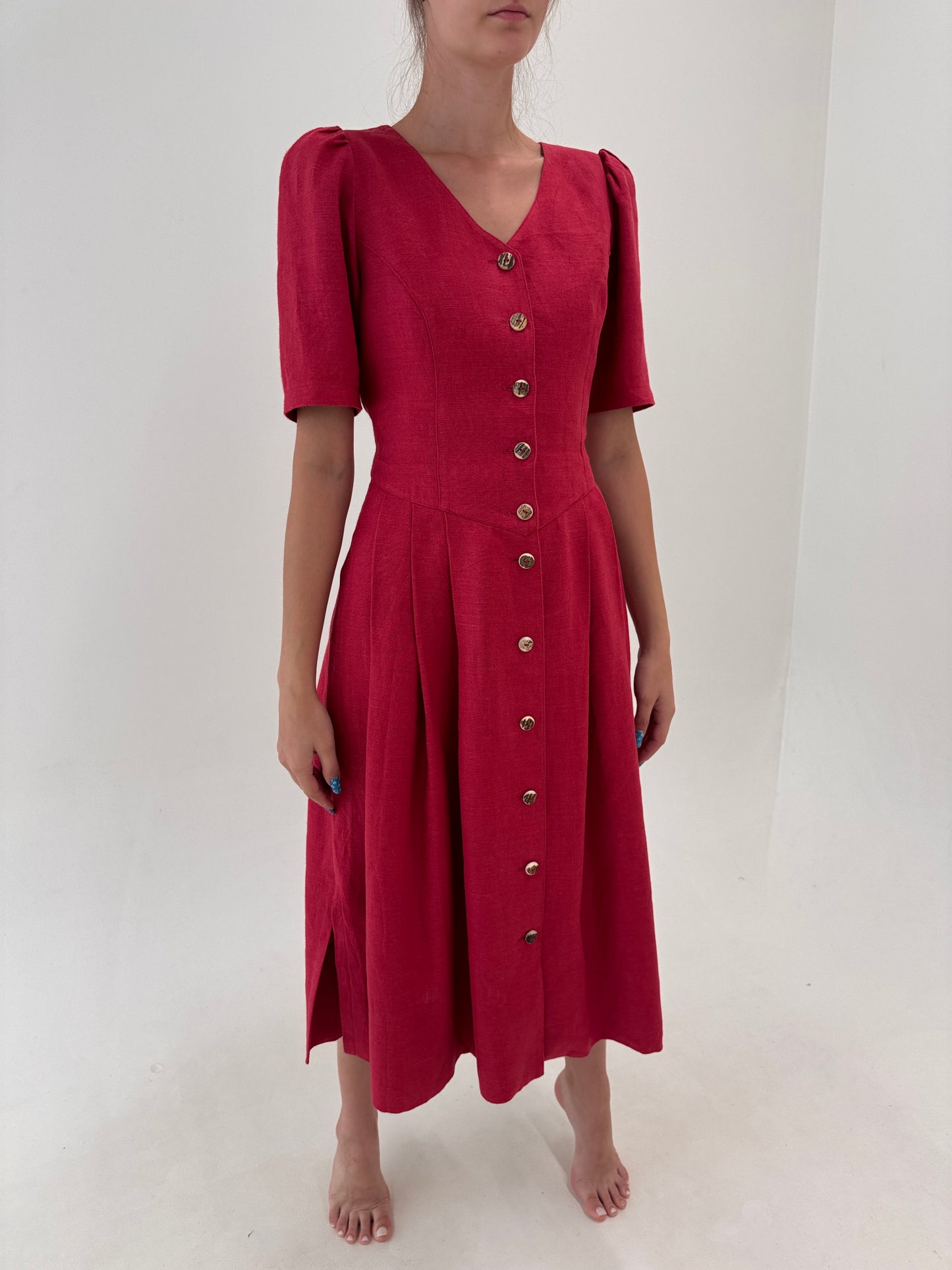 Rochie vintage maxi din pânză de in merlot red cu corsaj și buzunare