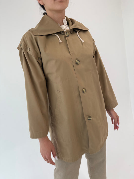 Trench vintage camel impermeabil cu mâneci detașabile și gluga