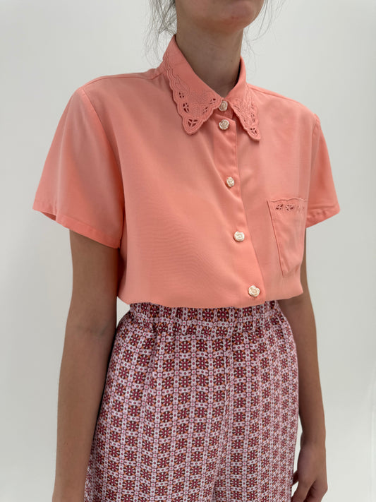 Cămașa vintage din panzica cu guler brodat salmon orange