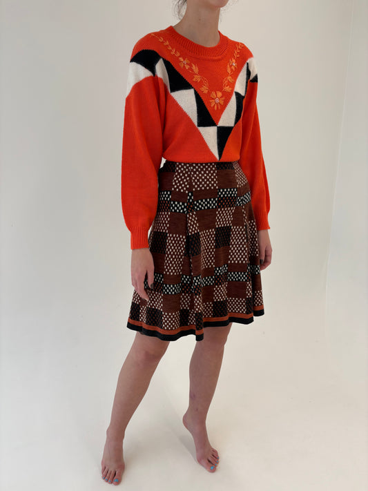 Fustă vintage din lana extrafina chocolate brown cu buline