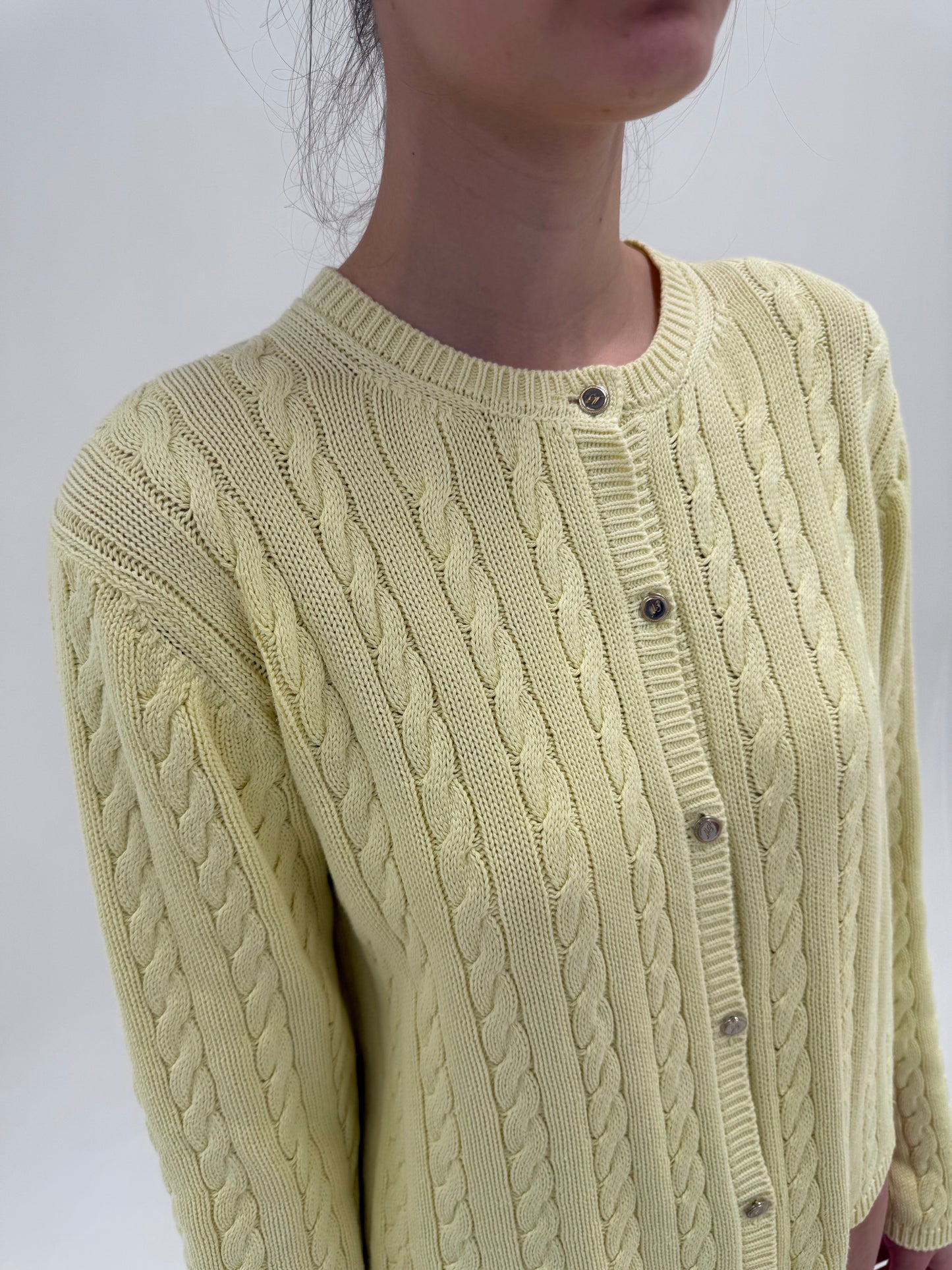 Cardigan luxury Les Copains butter yellow din bumbac cu torsade