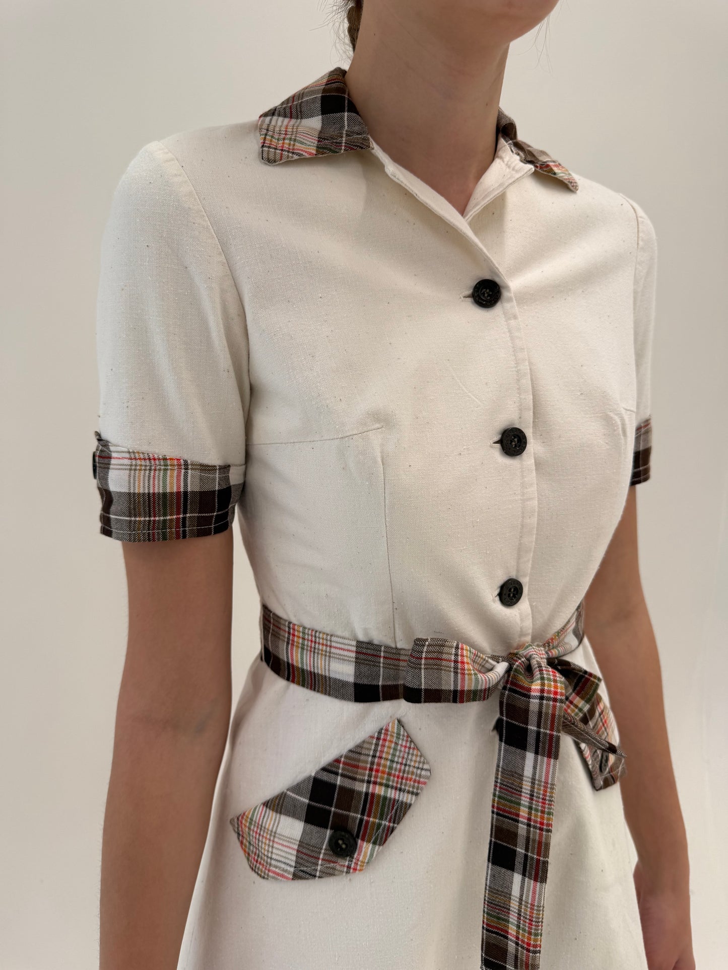 Rochie Old vintage din pânză de in cu talie marcată reglabilă