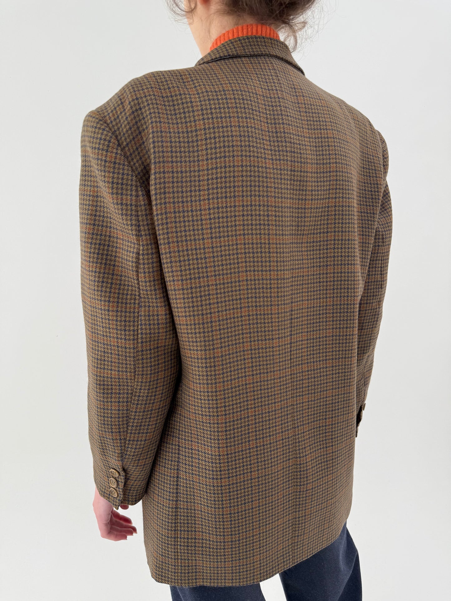Sacou petite italian din tweed de lana excepțională kaki în carouri fine oranj