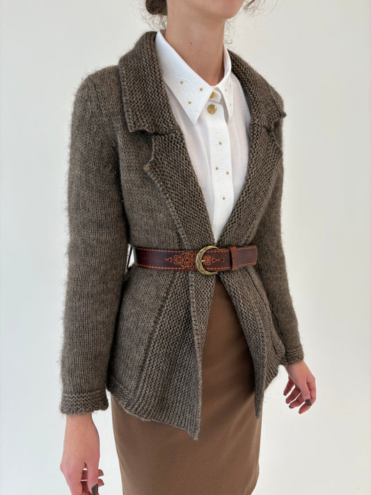 Cardigan taupe din lana excepțională multiply extrafina gros în stil sacou