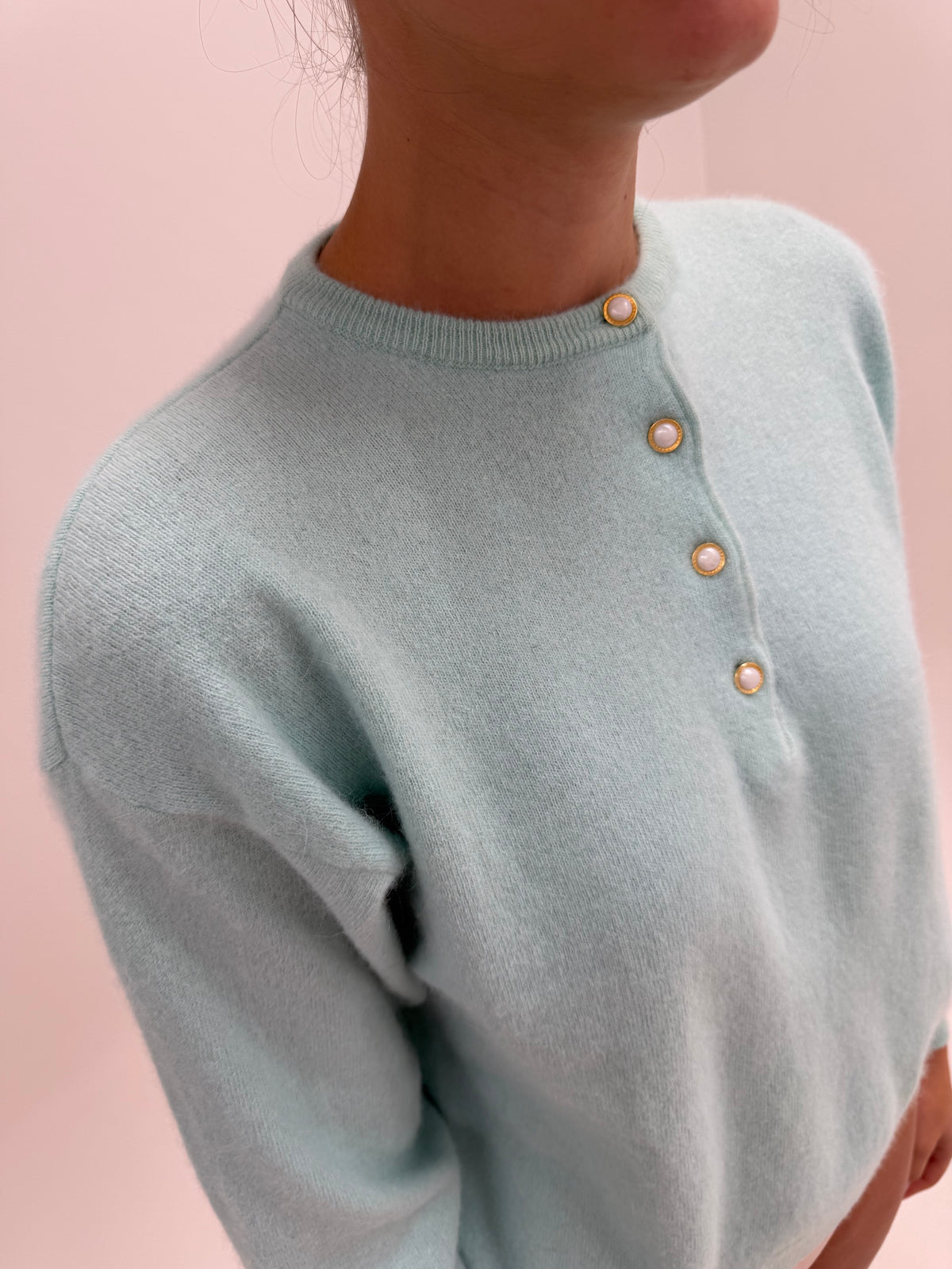 Pulover vintage cu mânecă fluture din lana extrafina cu Angora mint green