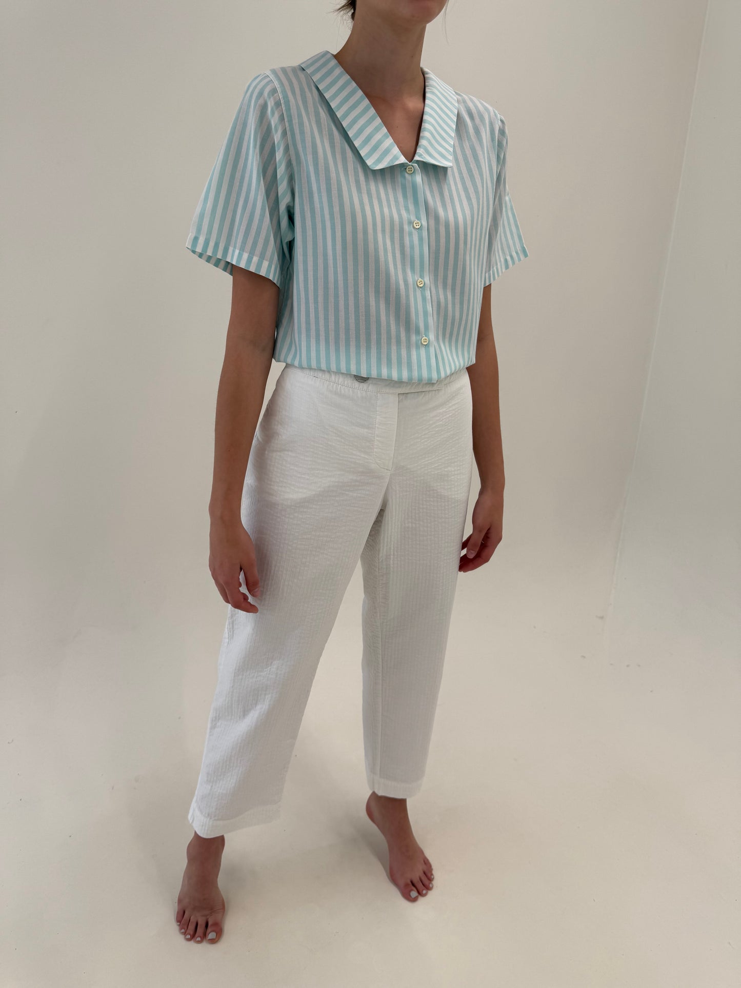 Pantaloni vintage din poplin deosebit de bumbac texturat cu dungi