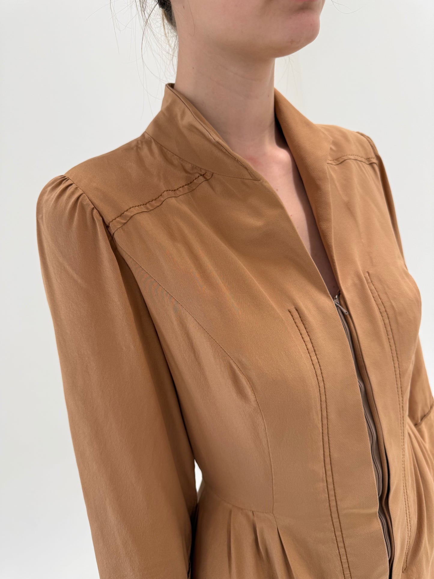Rochie vintage camel din mătase naturală în croi de ani 50