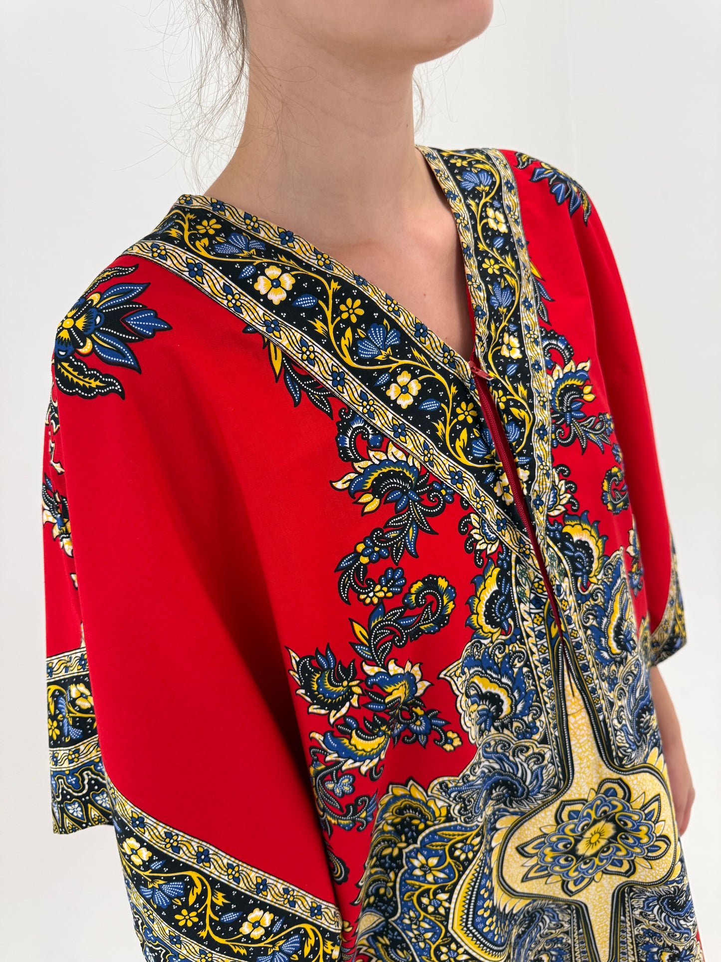 Kaftan maxi din canvas de bumbac cu print manual în culori tari