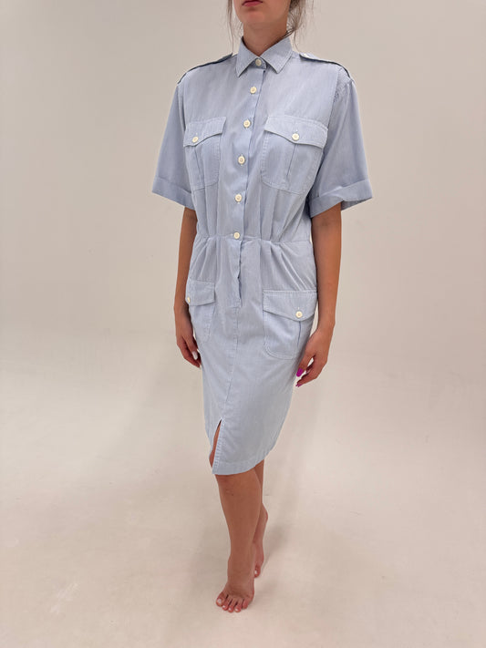 Rochie vintage italiană de designer in dungi fine baby blue cu talie marcată