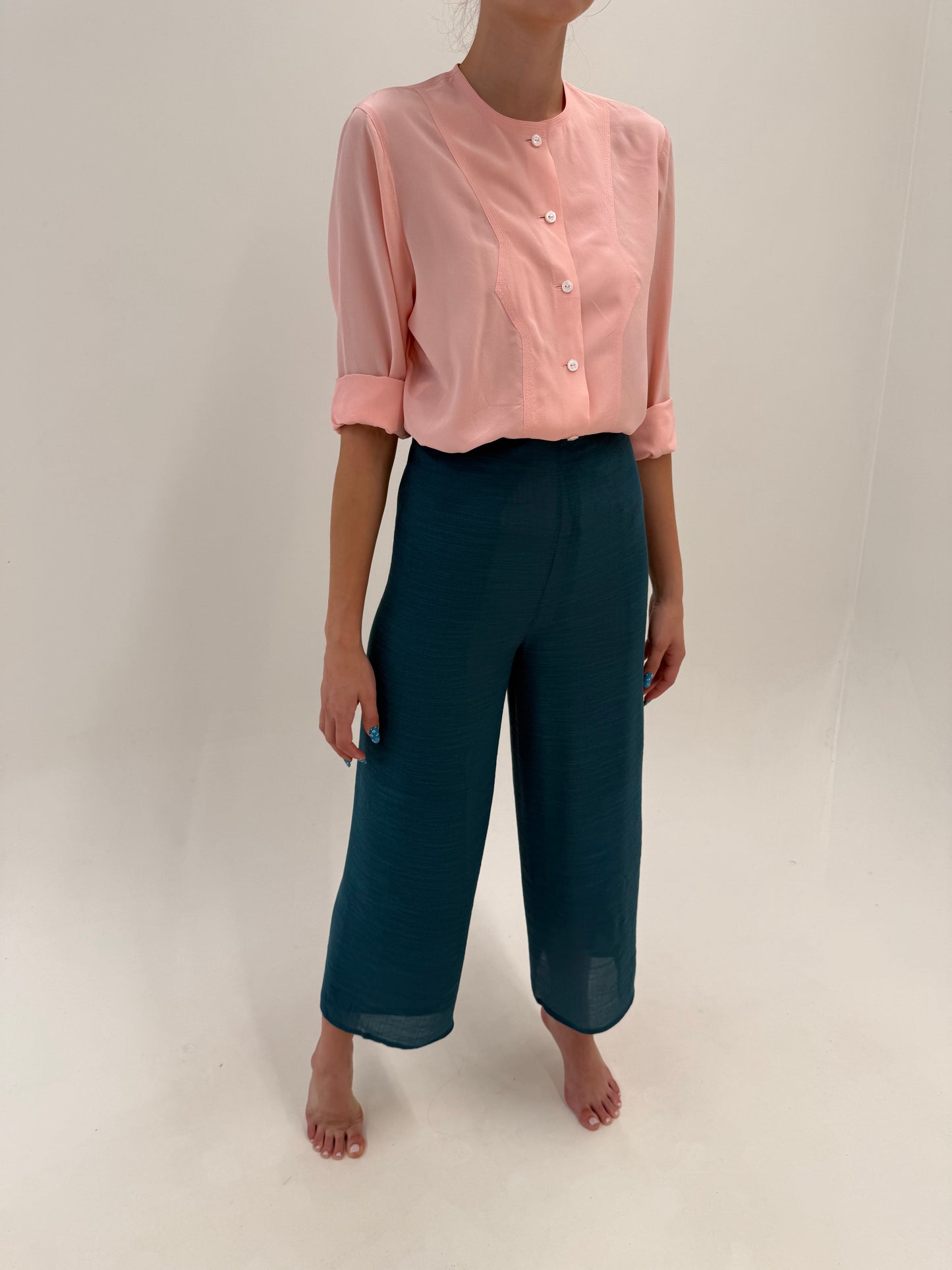 Pantaloni din pânză de mătase naturală și bumbac reglabili dark aqua green