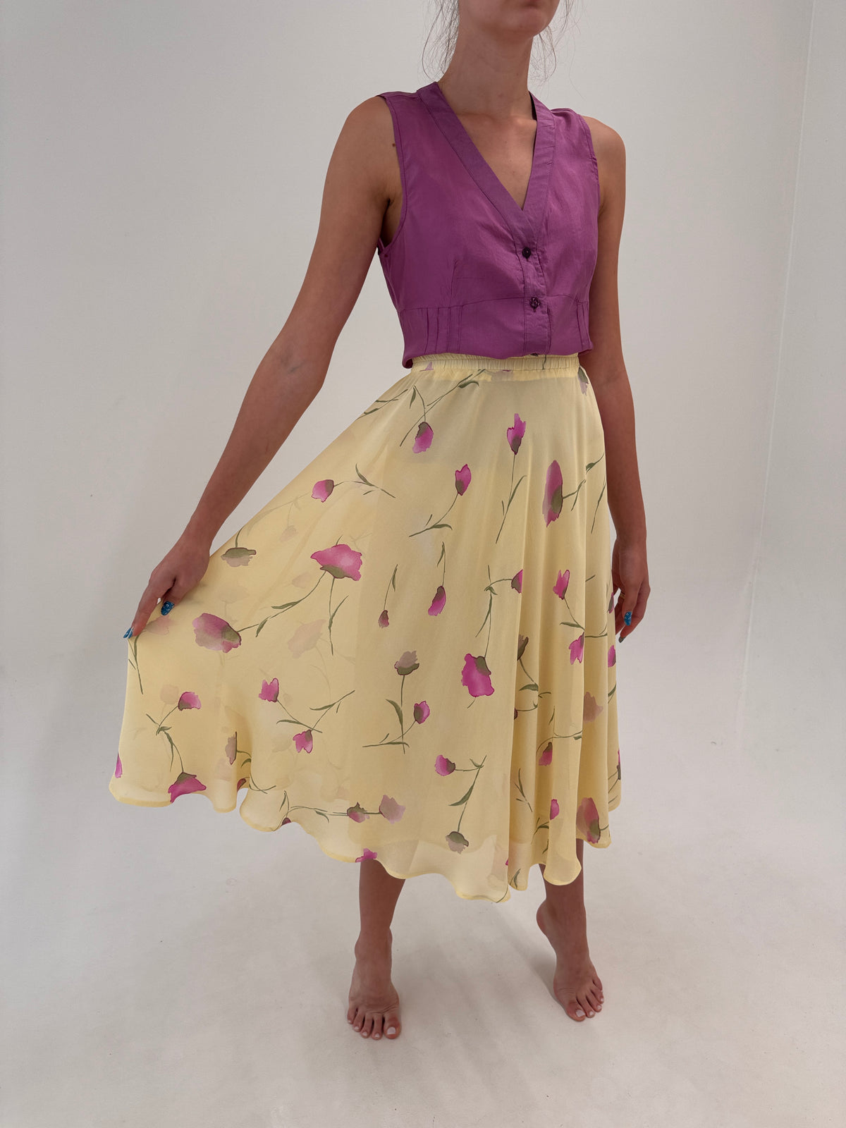 Fustă maxi butter yellow ultra amplă cu print floral delicat Barbie pink