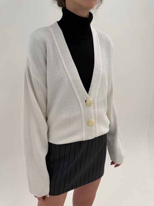 Cardigan lung butter white din lana extrafina ribbed