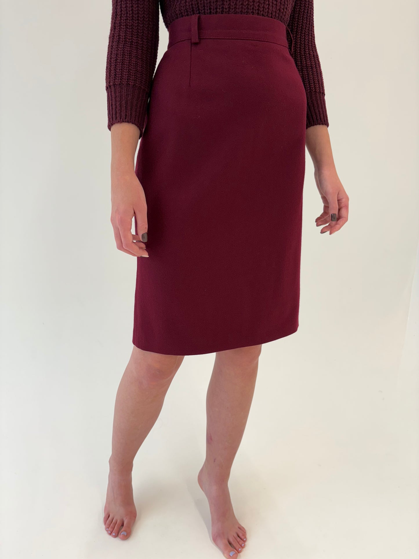 Fustă vintage burgundy cu talie ultra înaltă din stofă de lana merino