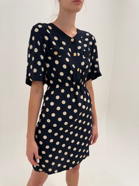 Rochie italiană de designer cu buline și nasturi metalici aurii din mătase naturală
