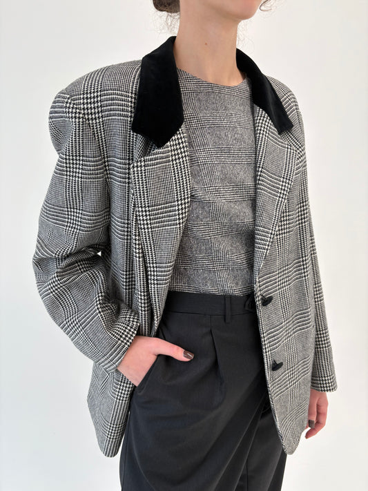 Sacou vintage pied de coq din Tartan de lana în carouri fine