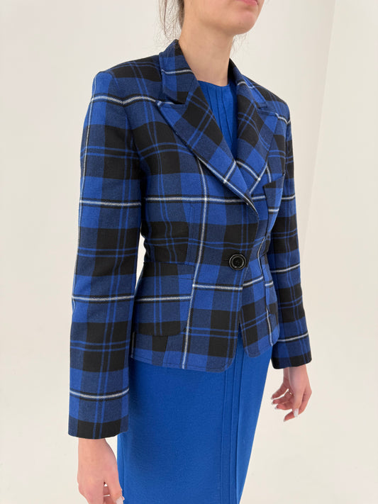 Sacou cambrat în carouri albastru regal din lana extrafina