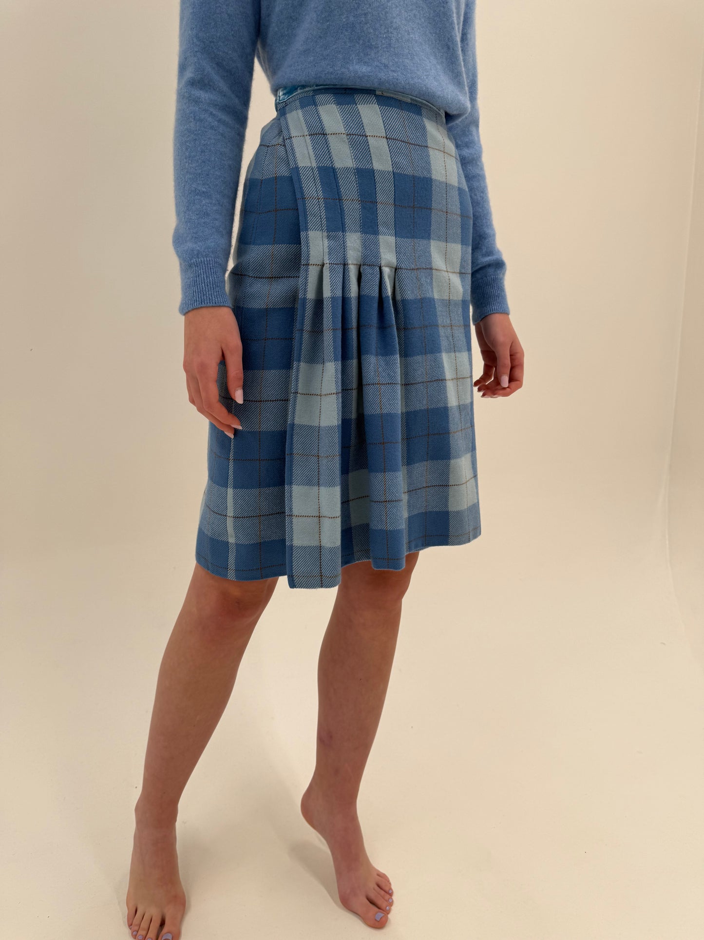 Fustă vintage plisată de brand luxury Les Copains din Tartan de lana extrafin