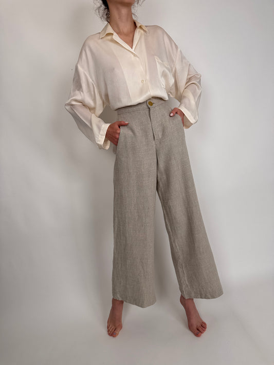 Pantaloni light gray din pânză grea cu talie înaltă marcată