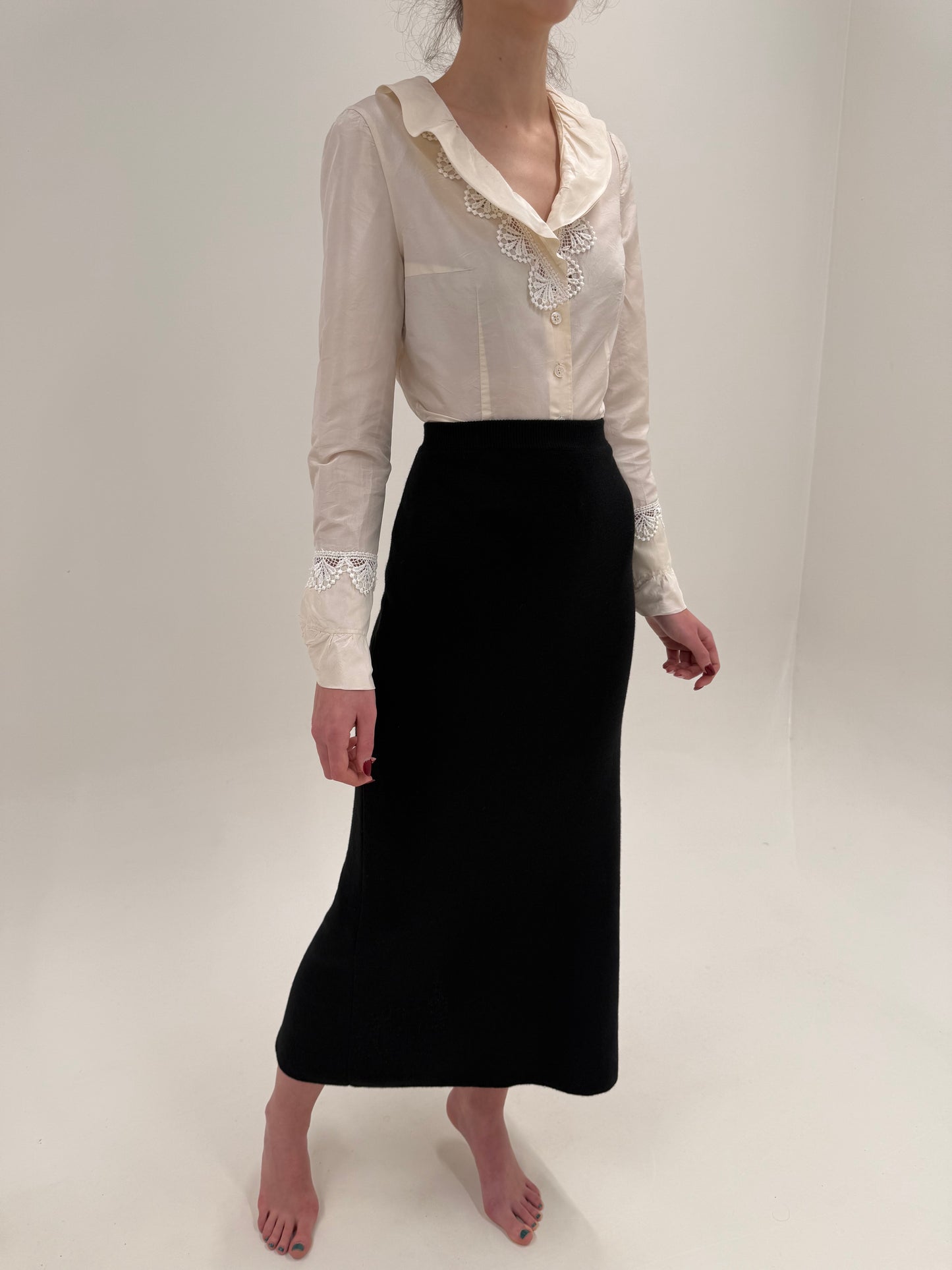 Fustă neagră maxi din tricot lana extrafina de la zi la seară cu talie ultra înaltă