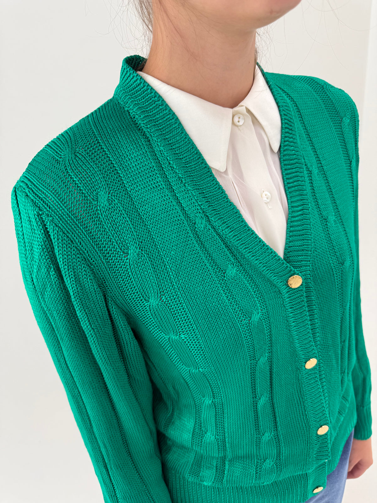 Cardigan vintage emerald green din bumbac satinat mercerizat excepțional