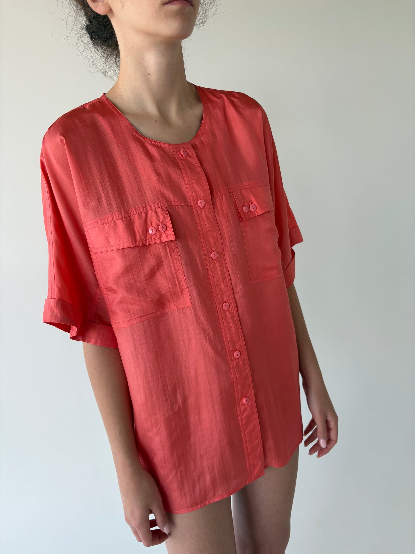 Cămașa vintage din mătase naturală coral red