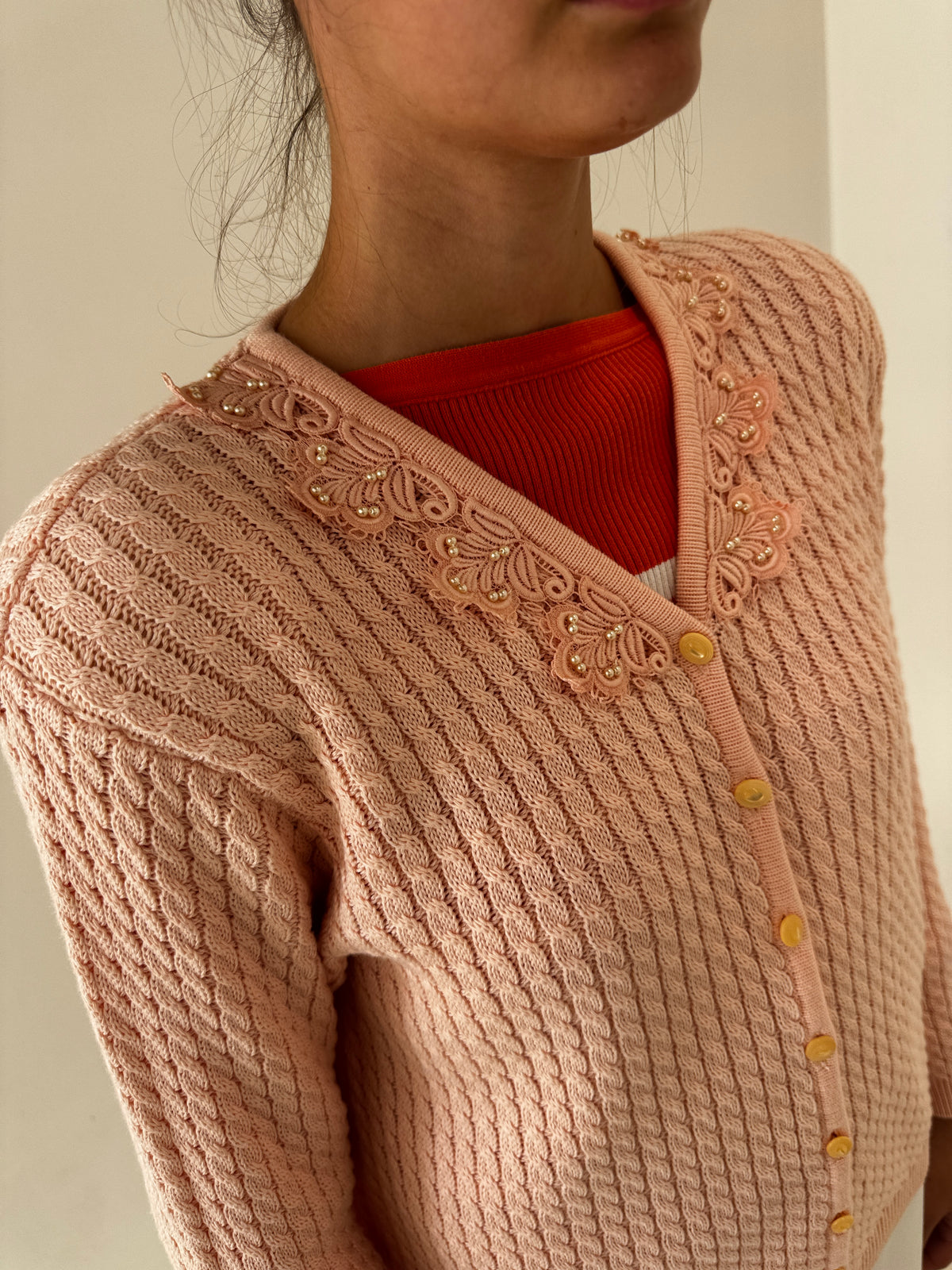 Cardigan vintage powder Pink din tricot gros excepțional de bun ca de gramaj mare
