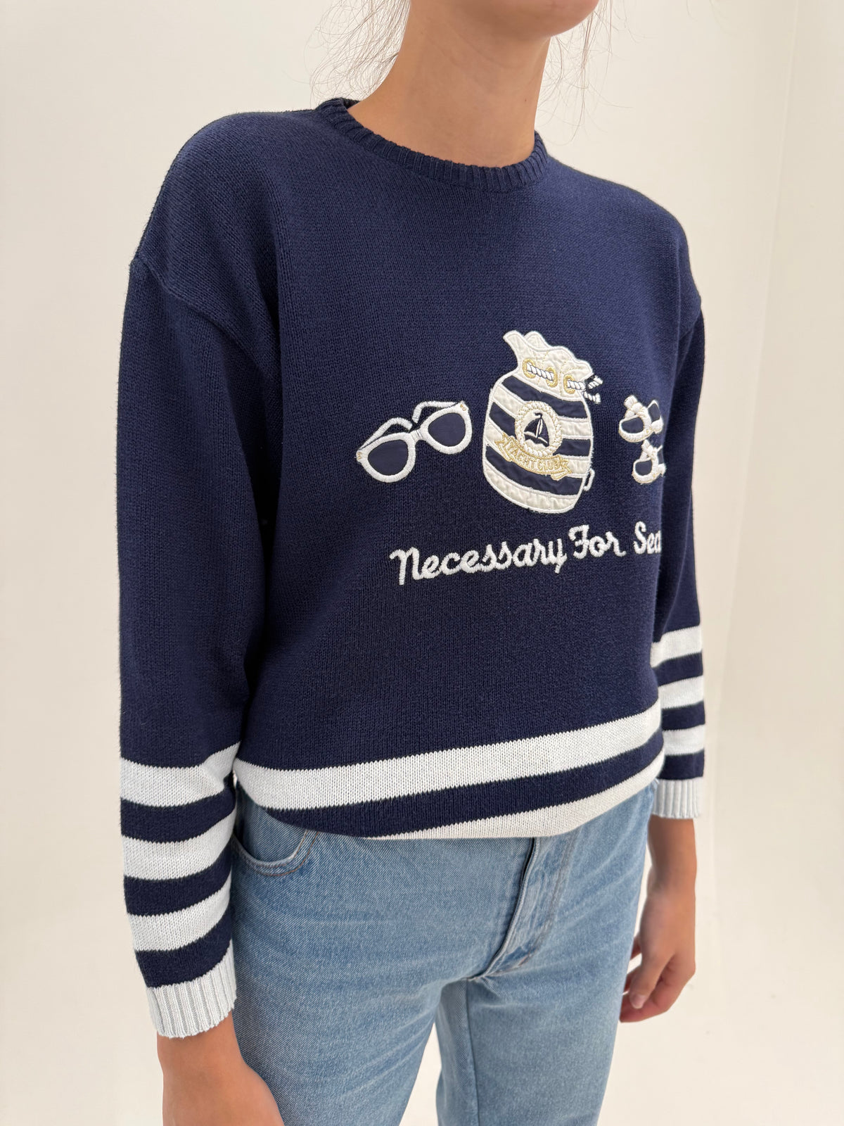 Pulover vintage petite din bumbac gros de gramaj mare în dungi crew neck