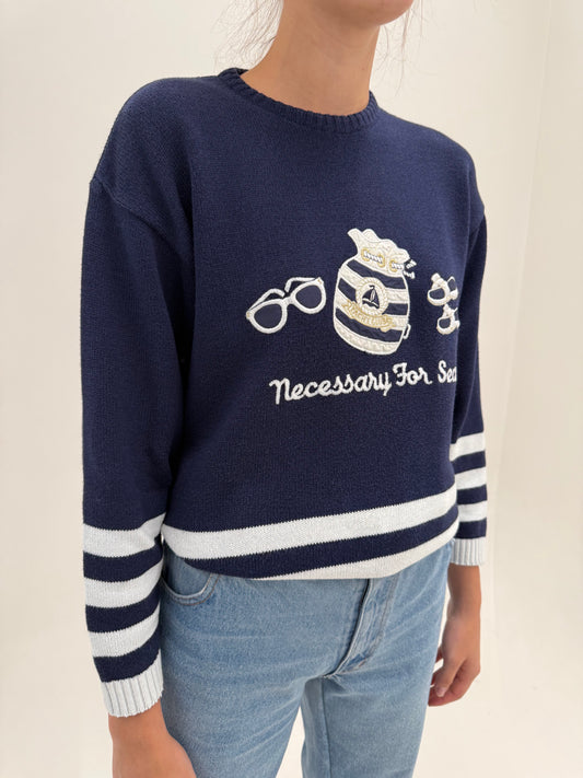 Pulover vintage petite din bumbac gros de gramaj mare în dungi crew neck