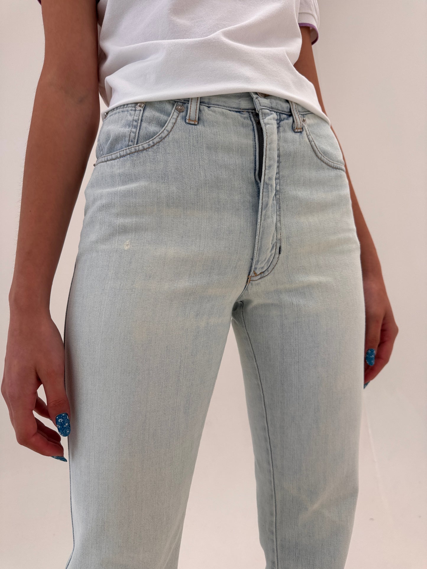 Jeans luxury Rocco Barocco de vară în croi clasic light wash cu talie înaltă