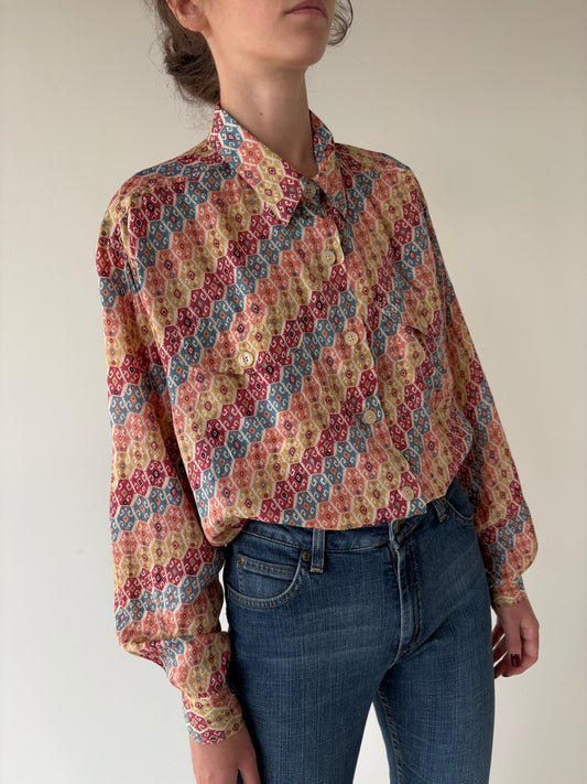 Cămașa vintage din mătase naturală cu print în stil anii 70