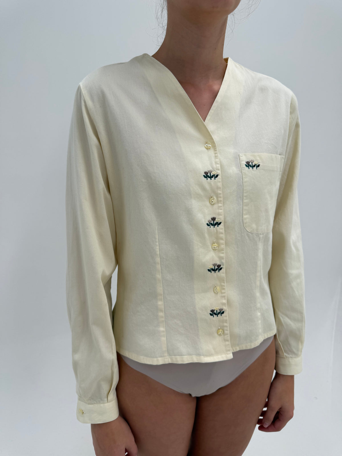 Cămașa vintage italiană butter yellow din bumbac piqué excepțional cu broderie