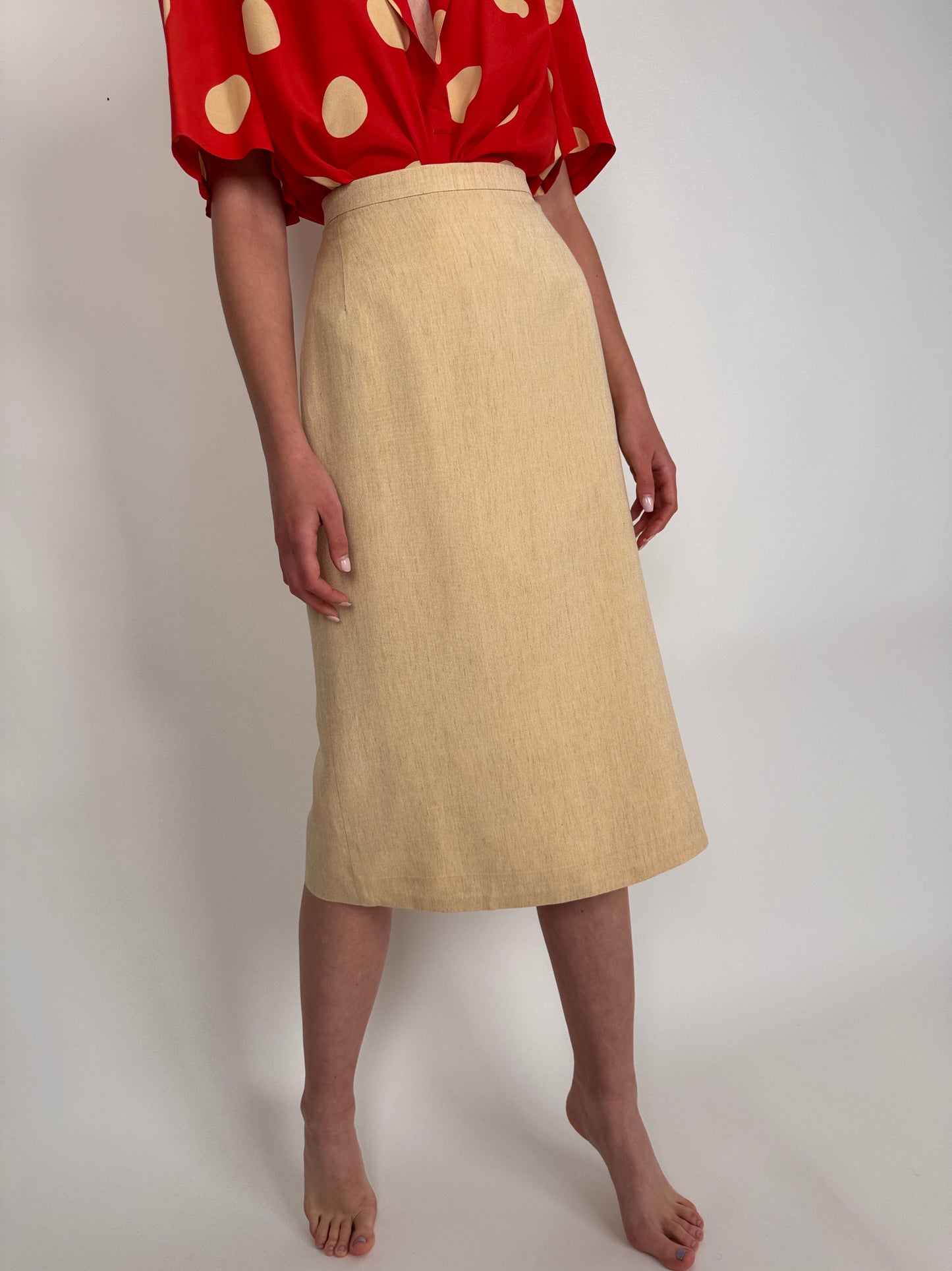 Fustă vintage nude din pânză cu talie ultra înaltă
