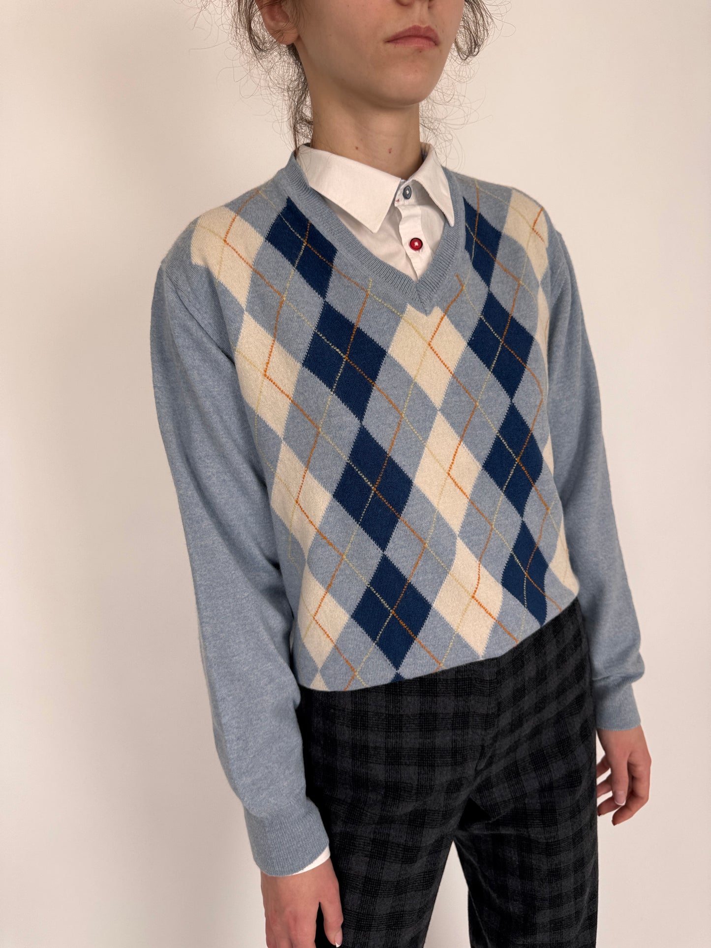 Pulover subțire baby blue în carouri din lana merino extrafina