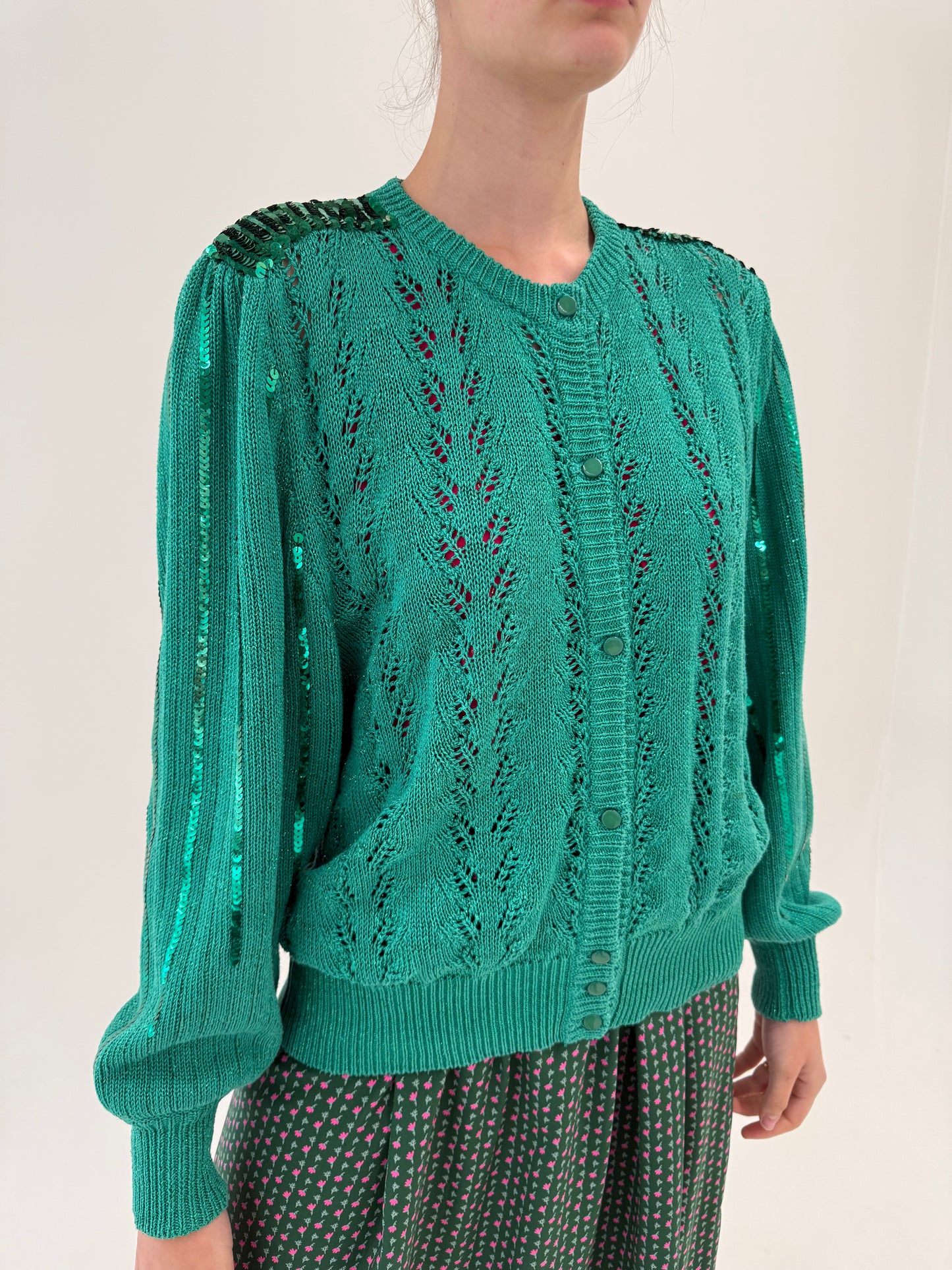 Cardigan vintage verde smarald din jerse excepțional de bumbac de vară