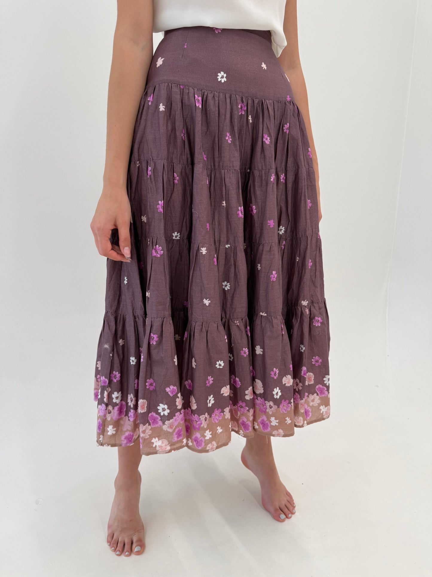 Fustă ultra amplă dusty lavender din bumbac cu talie ultra marcată midi lung